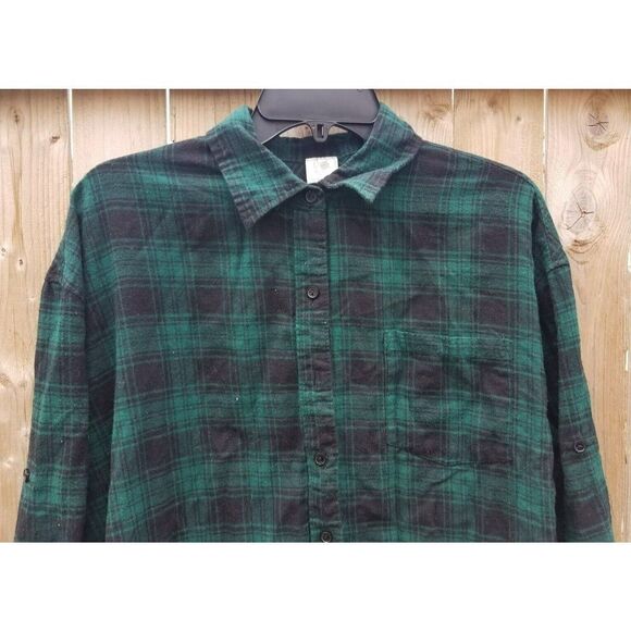 Button Down Flannel Shirt Long Sleeve Black & Green Plaid Medium - Picture 4 of 7